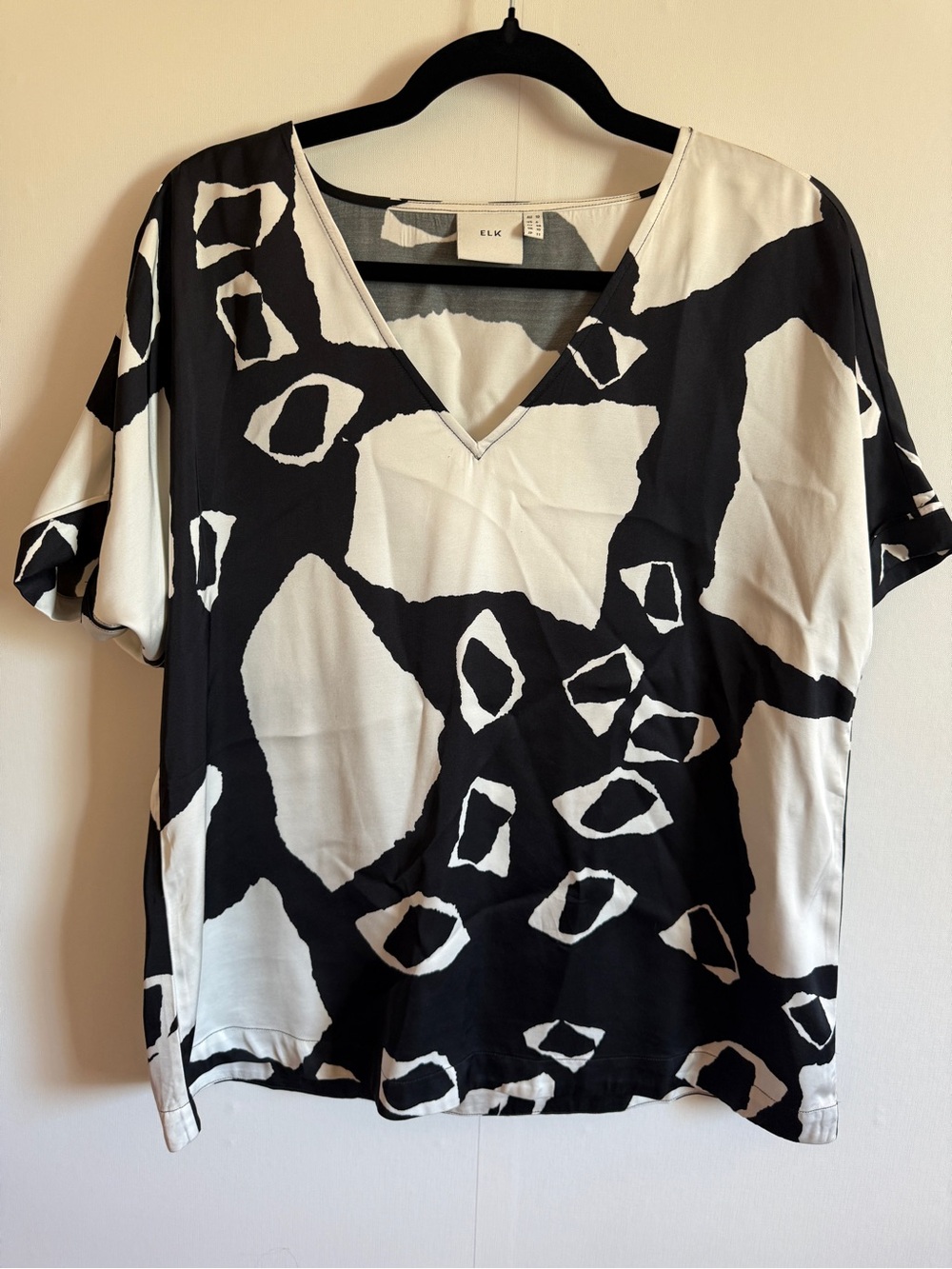 ELK The Label Abstract Print Blouse Black White V Neck Oversized US 6
